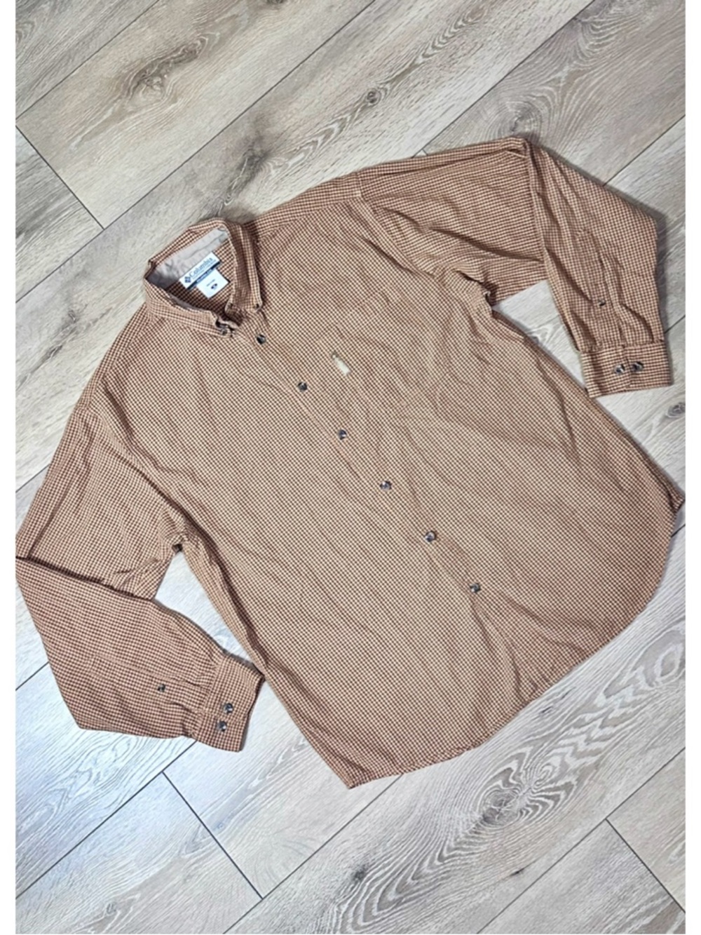 Columbia Button Down Long Sleeve Plaid Gingham Brown 100% Cotton
